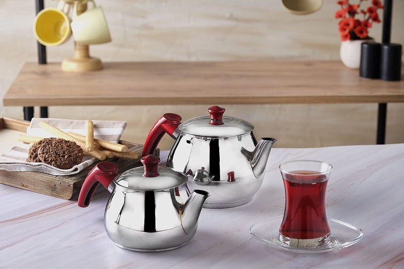 DESTALYA Turkish Teapot Set | Stainless Steel Double Tea Pots for Stove Top | Tea Maker with Strainer | Samovar Style Tea Kettle | Water Heater (Mini with Red Handles) - Image 4